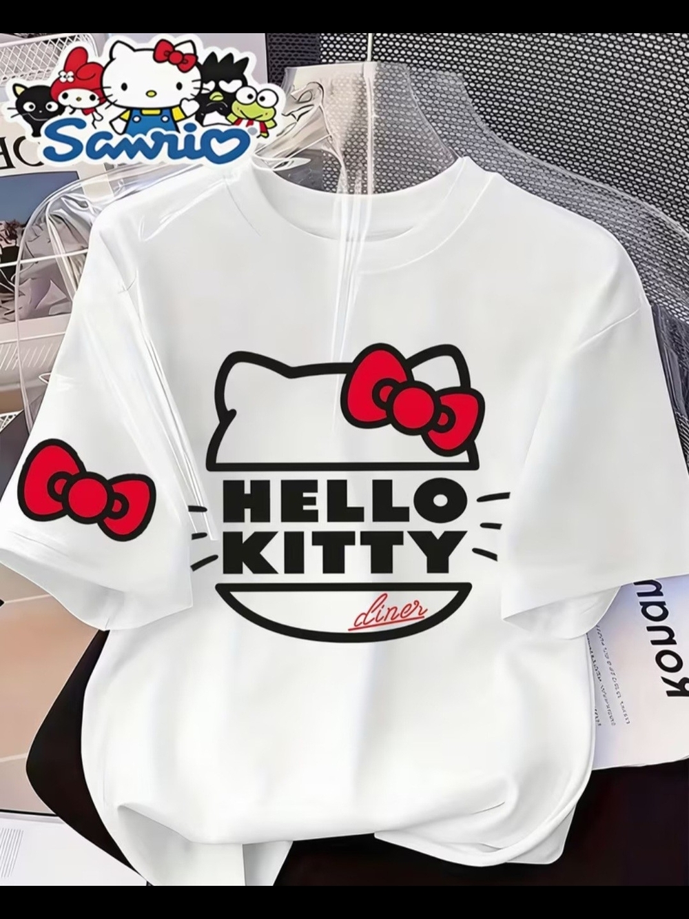 Sanrio White Hello Kitty Graphic Tee with Red Bow Accents ADULT